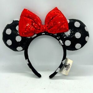 Sequined Mickey Minnie Ears Red Bow Ribbon White Polka Dots